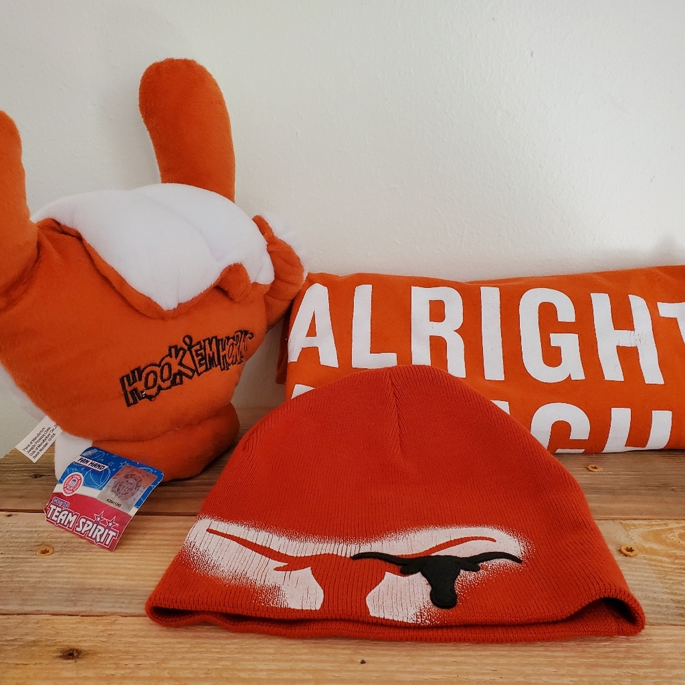 Longhorn Alright Tshirt, plush fan hand and Beanie hat.